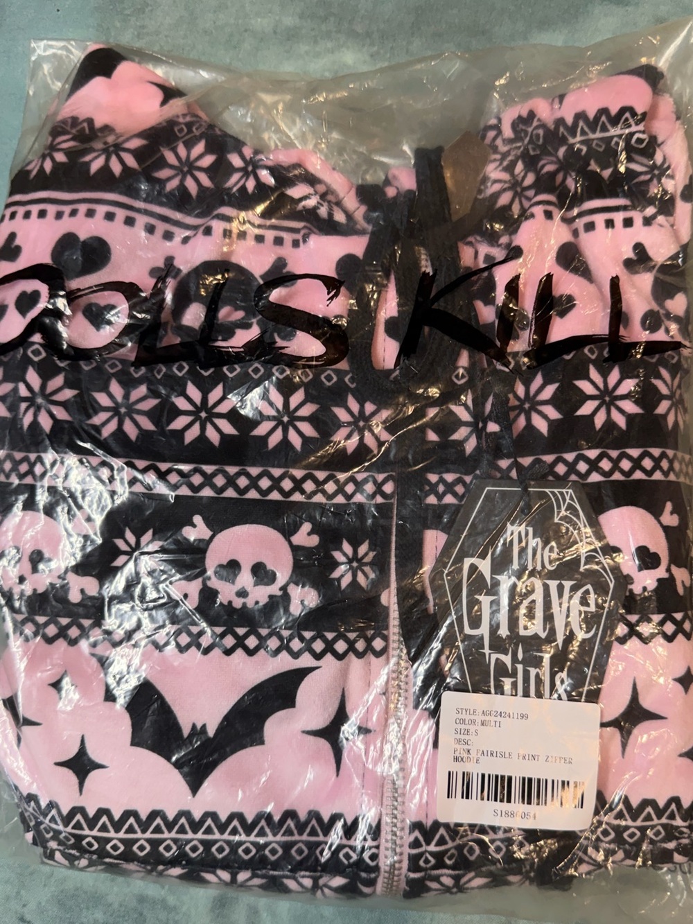 Dolls Kill Pink and Black Skull & Bat hoodie